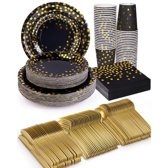 350 Pieces Party Supplies, Black and AFN1Gold Party Plates Cups and Napkins Sets with Plastic Knives forks spoons, Disposable Tableware Serves 50 Sets for Wedding, Birthday, Graduation, Festivals