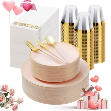 350-Piece Pink & Gold Plastic Dinnerware Set - Service For 50 Guests Wedding & Party