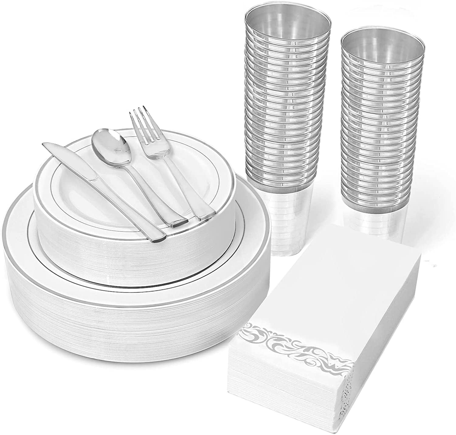 350 Pieces Silver Dinnerware Set,100 Silver Plastic Plates50 Plastic Silverware50 Silver Cups