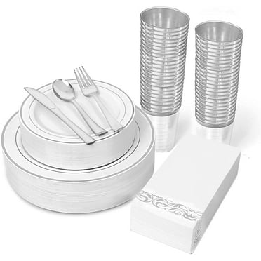 350 Pieces Silver Dinnerware Set,100 Silver Plastic Plates-50 Plastic Silverware-50 Silver Cups-50 Napkins,50 Guest Disposable Dinnerware Set,For Wedding,Parties