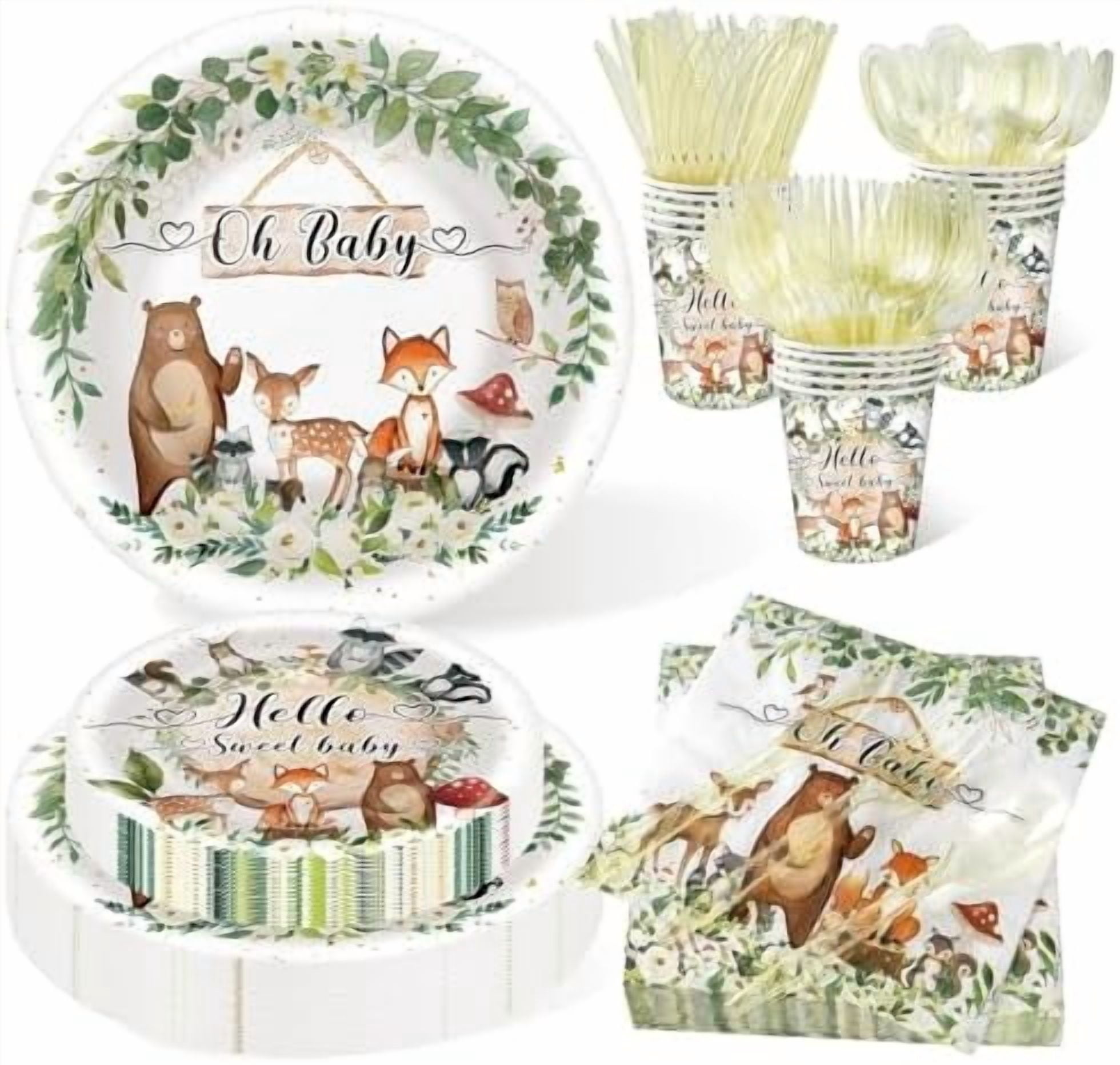 350 Pieces Woodland Baby Shower Decorations Set Serves 50 Guests, Forest Theme Party Supplies Tableware with Plates, Cups, Napkins, Disposable Tableware$$Home Decor, Kitchen, & Other