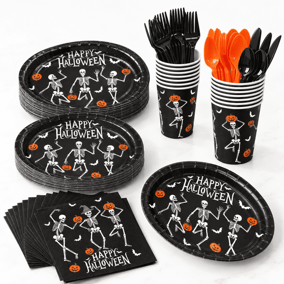350-Skeleton 12 Inch Oval Paper Plates Disposable Party Supply Set for 50 Guests