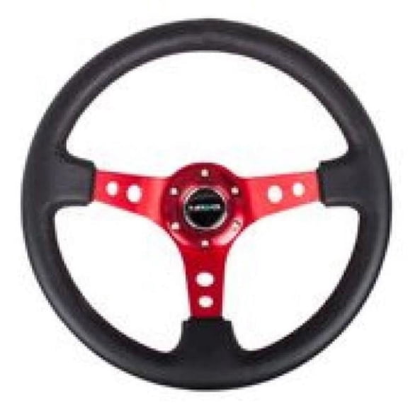 350 mm & 3 in. Deep Reinforced Steering Wheel, Black Leather with Red Circle Cutout Spokes