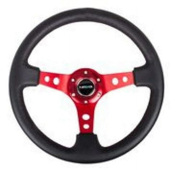 350 mm & 3 in. Deep Reinforced Steering Wheel, Black Leather with Red Circle Cutout Spokes