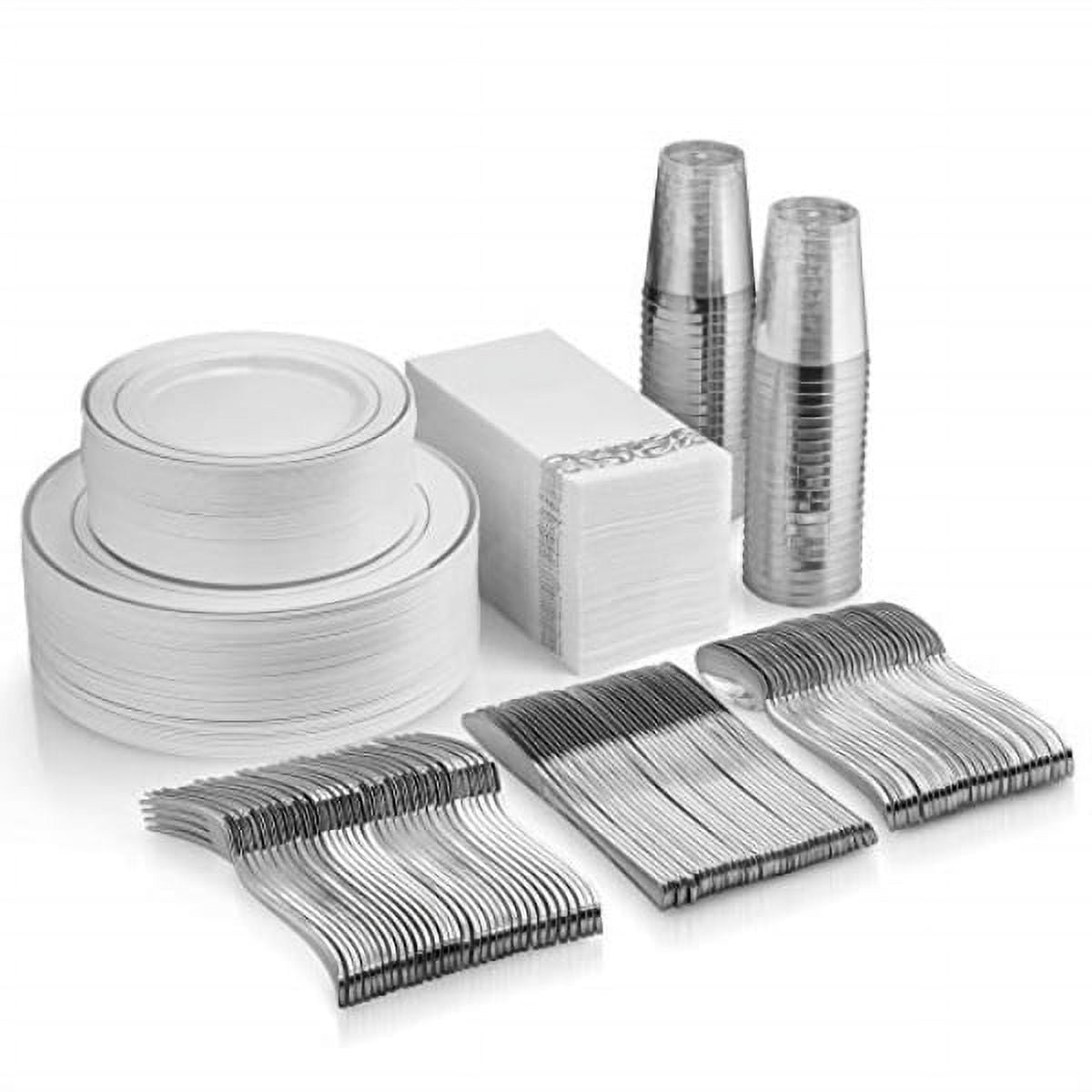 MUNFIX 350 piece silver dinnerware set ~ 100 silver plastic plates ~ 50 silver plastic silverware ~ 50 silver plastic cups ~ 50 linen like silver paper napkins, 50 guest disposable silver dinnerware set