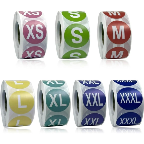 3500 Pcs Clothing Size Stickers Labels Rolls, 1 Inch Round Self Adhesive Size Stickers, 7 Sizes XS,S,M,L,XL,XXL,XXXL for Clothing T Shirts Retail (Multicolor)