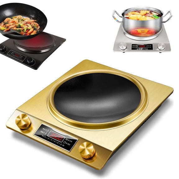 3500-Watt Induction Hob, 10 Temperature Settings, 260mm Concave Coil with Dual Knobs + Clear Led Display, Portable Multifunctional Stainless Steel Body Electric Heater for Busy Weeknights(Gold)