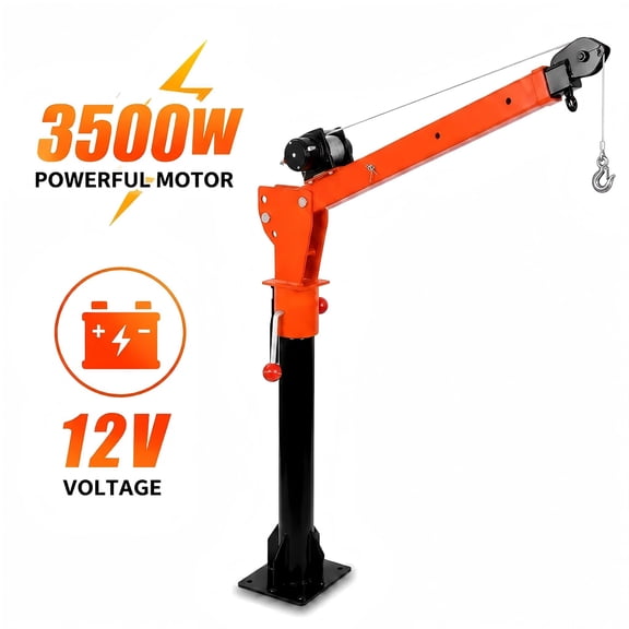 3500 lbs 12V Winch Electric Pickup Truck Crane, 1100 lbs 360° Swivel Jib Crane, Orange Alloy Steel for Lift Engine