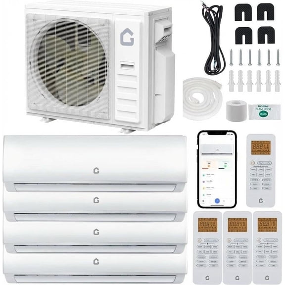 35000 BTU 4 Zone Mini Split AC/Heating System 9K/9K/12K/18K, 19 SEER2 208-230V Multi Zone Ductless Wall Mounted Air Conditioner and Heat Pump, Wifi Enable Energy Efficient, Pre-Charged Condenser