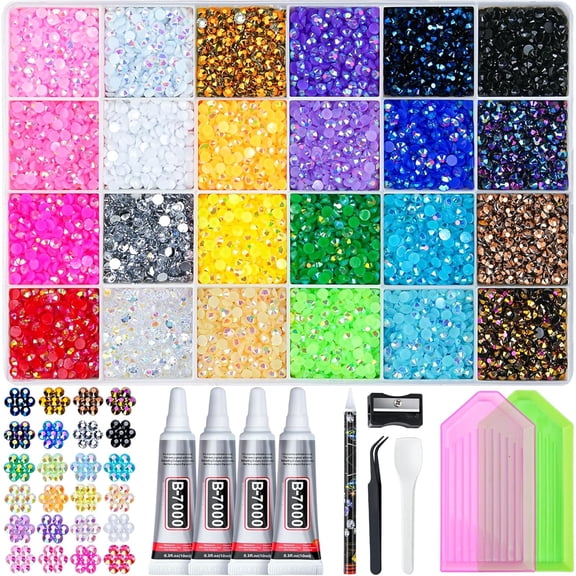 35000 Pcs Resin Jelly Rhinestones Kit, Multicolor 3mm Flatback Rhinestones with 4 Pcs B7000 Jewelry Glue & Tools, All-in-One Bedazzling Kit for DIY Arts & Crafts Gifts - 24 Colors 3mm / X-Large