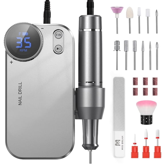 M MISS DREAM Electric Nail Drill Professional, Portable Nail File for Acrylic Gel Nails, Cordless Rechargeable Nail Drill 35000RPM, 16 in 1 kit, Salon-Grade Efile Nail Machine.silvery