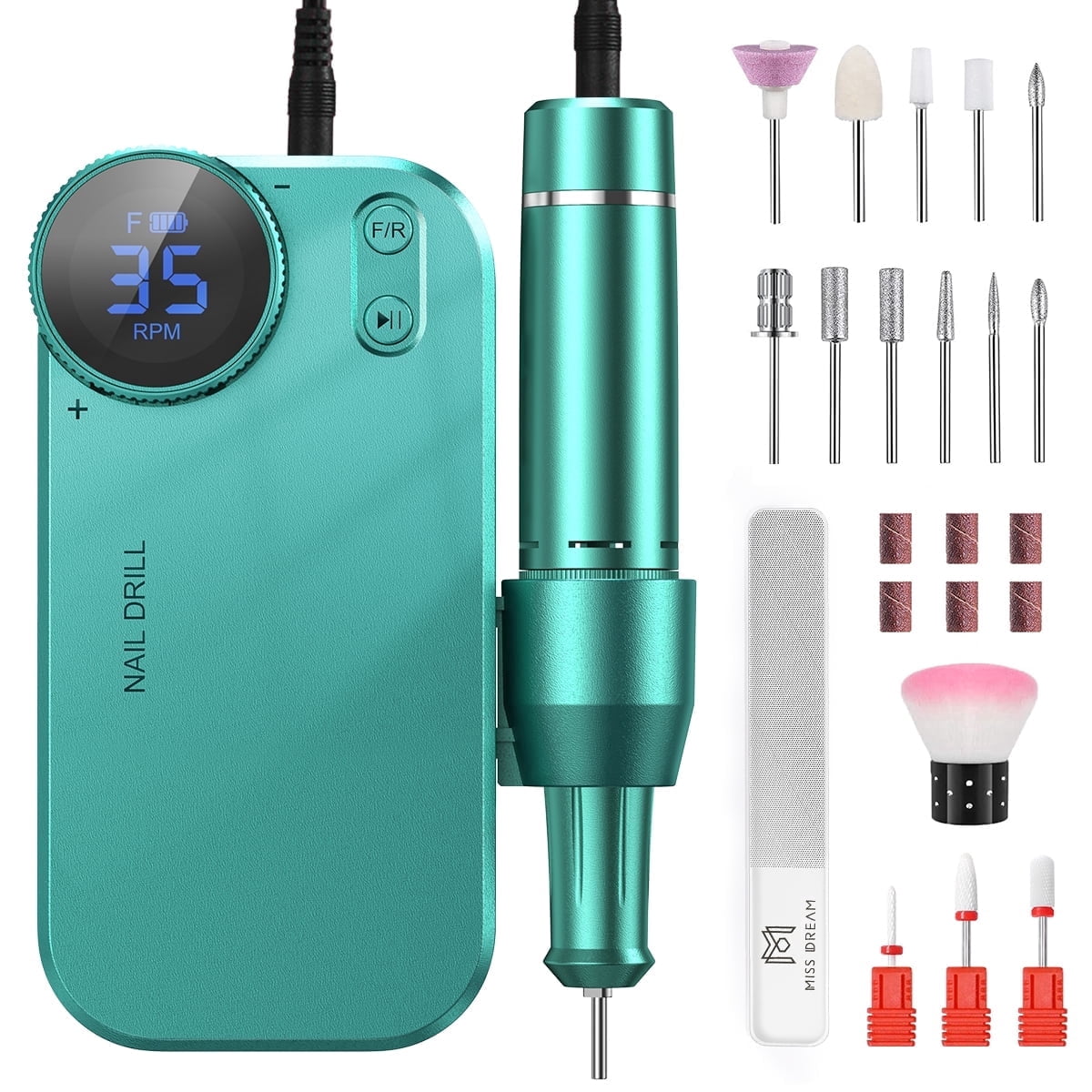 M MISS DREAM Electric Nail Drill Professional, Portable Nail File for Acrylic Gel Nails, Cordless Rechargeable Nail Drill 35000RPM, 16 in 1 kit, Salon-Grade Efile Nail Machine.Green