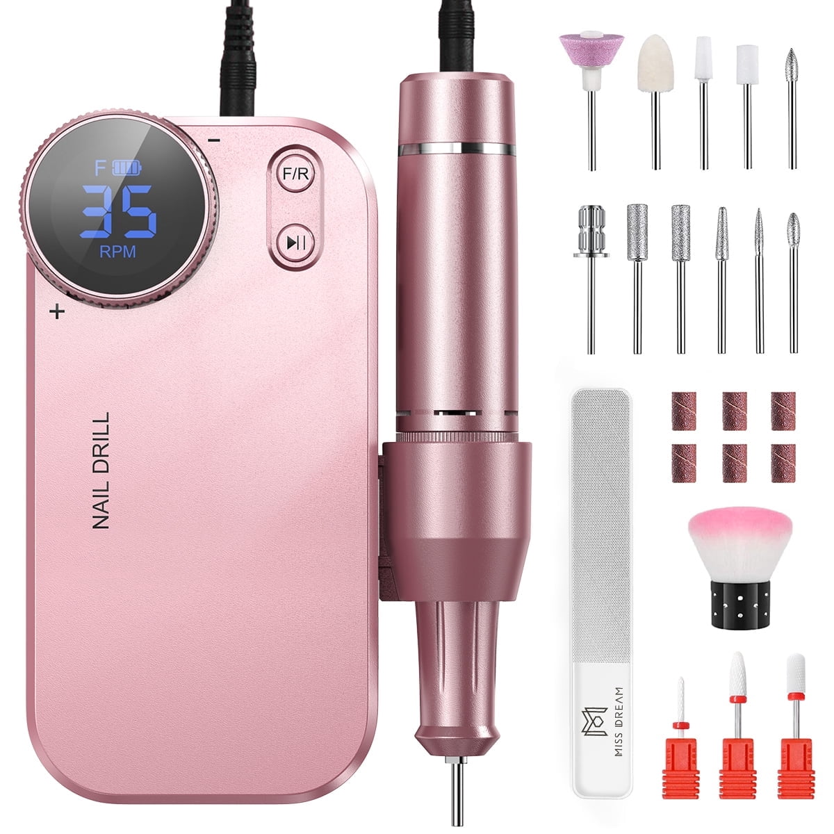 M MISS DREAM Rechargeable 35000 RPM Cordless 13-Piece Nail Drill with 12 Bits and Nano Glass File, Pink