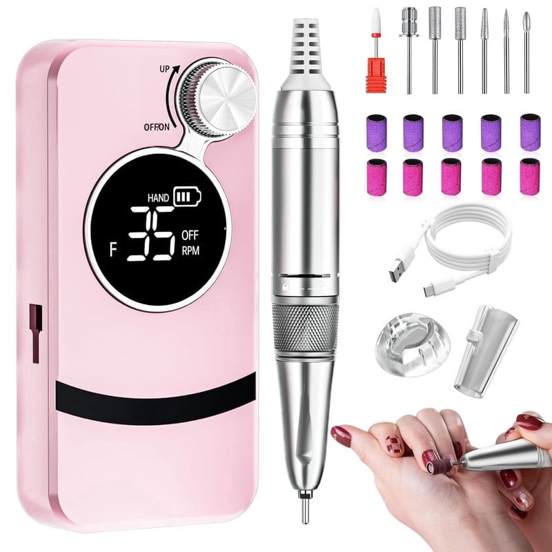 35000RPM Cordless Nail Drill, Rechargeable Electric Nail File with 12Pcs Bits, Portable Manicure Pedicure Kit for Acrylic Gel Nails Home Salon Use