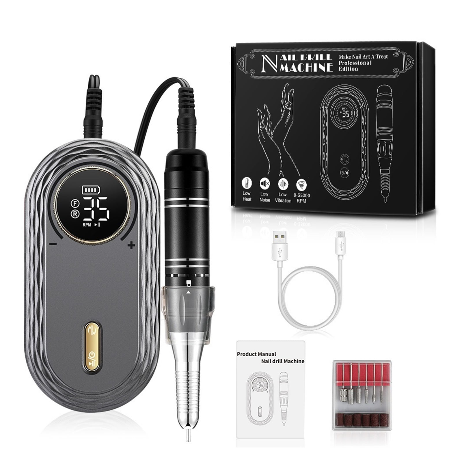 35000RPM Electric Nail Drill Machine, Professional LCD Display Portable All For Manicure Tool, Rechargeable Nails Art Set ,Low Noise