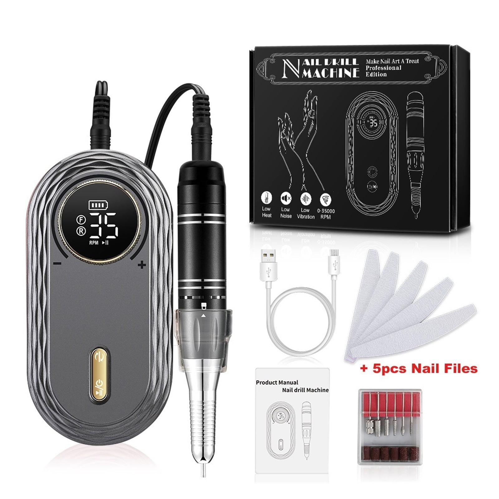 35000RPM Electric Nail Drill Machine, Professional LCD Display Portable All For Manicure Tool, Rechargeable Nails Art Set ,Low Noise