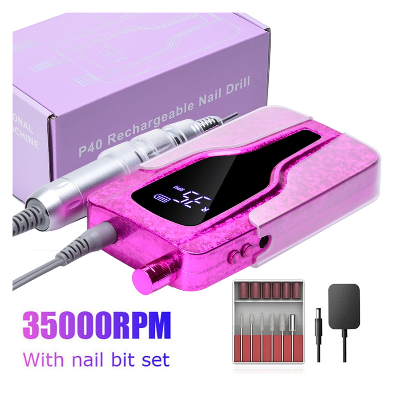 35000RPM Electric Nail Drill Machine, Rechargeable Nail Sander, LED Display Gel Remover Set, Portable Nail Salon Polisher Equipment ,Lightweight and Portable