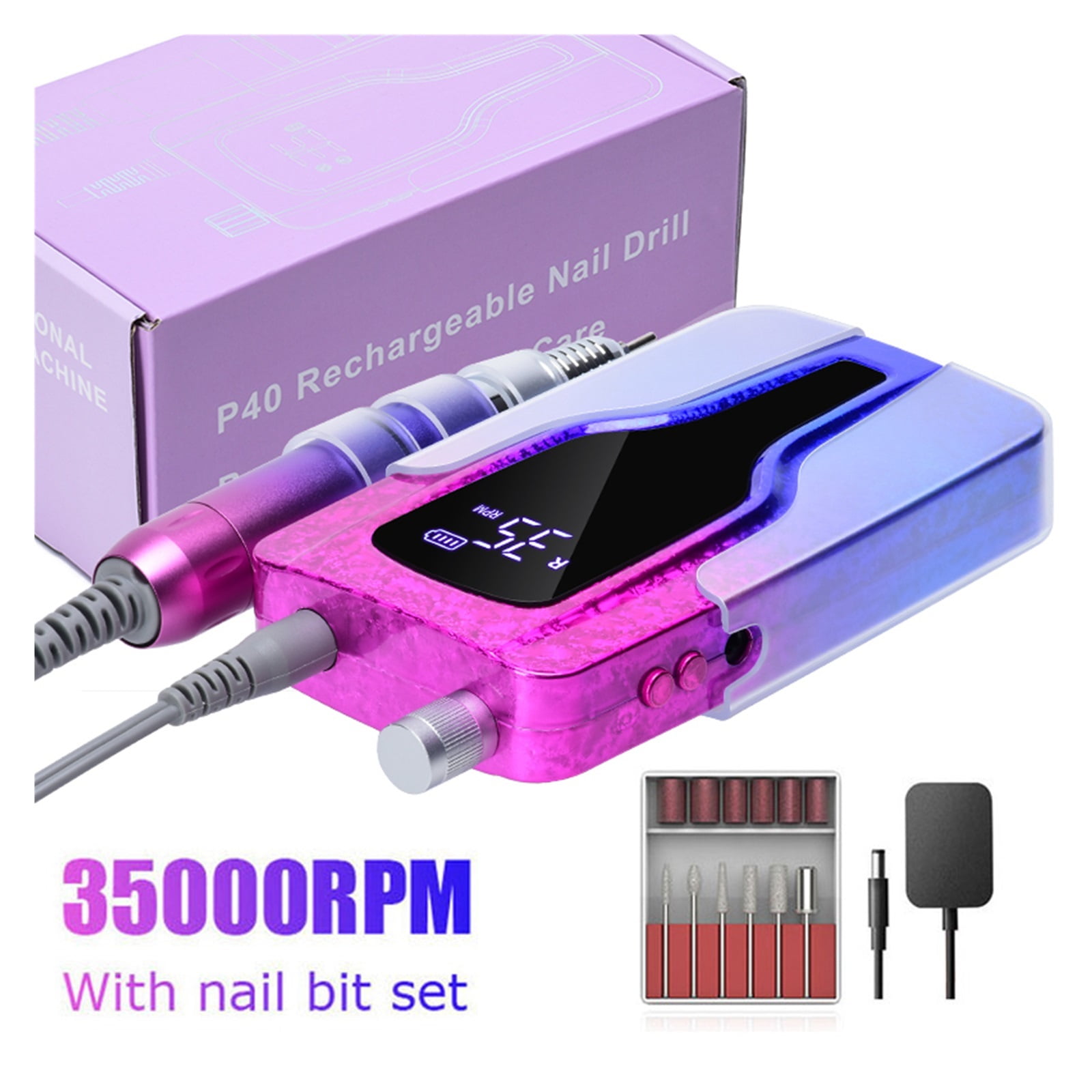 35000RPM Electric Nail Drill Machine, Rechargeable Nail Sander, LED Display Gel Remover Set, Portable Nail Salon Polisher Equipment ,Lightweight and Portable