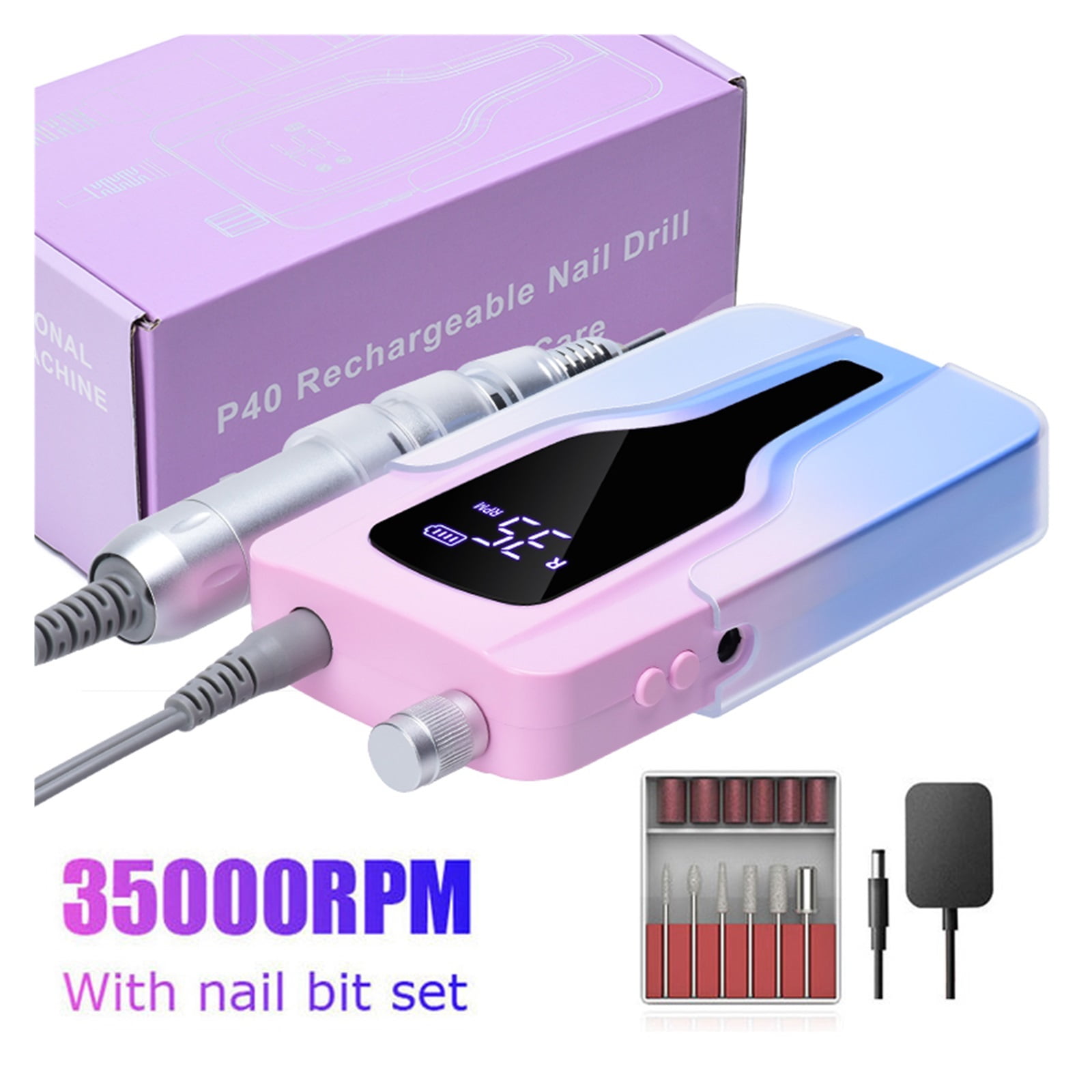 35000RPM Electric Nail Drill Machine, Rechargeable Nail Sander, LED Display Gel Remover Set, Portable Nail Salon Polisher Equipment ,Lightweight and Portable