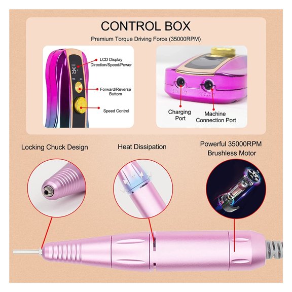 35000RPM Gradient Rechargeable Nail Drill Machine HD LCD Display Nail Master For Manicure Portable Nail Drill Milling Machine ,Easy to Operate