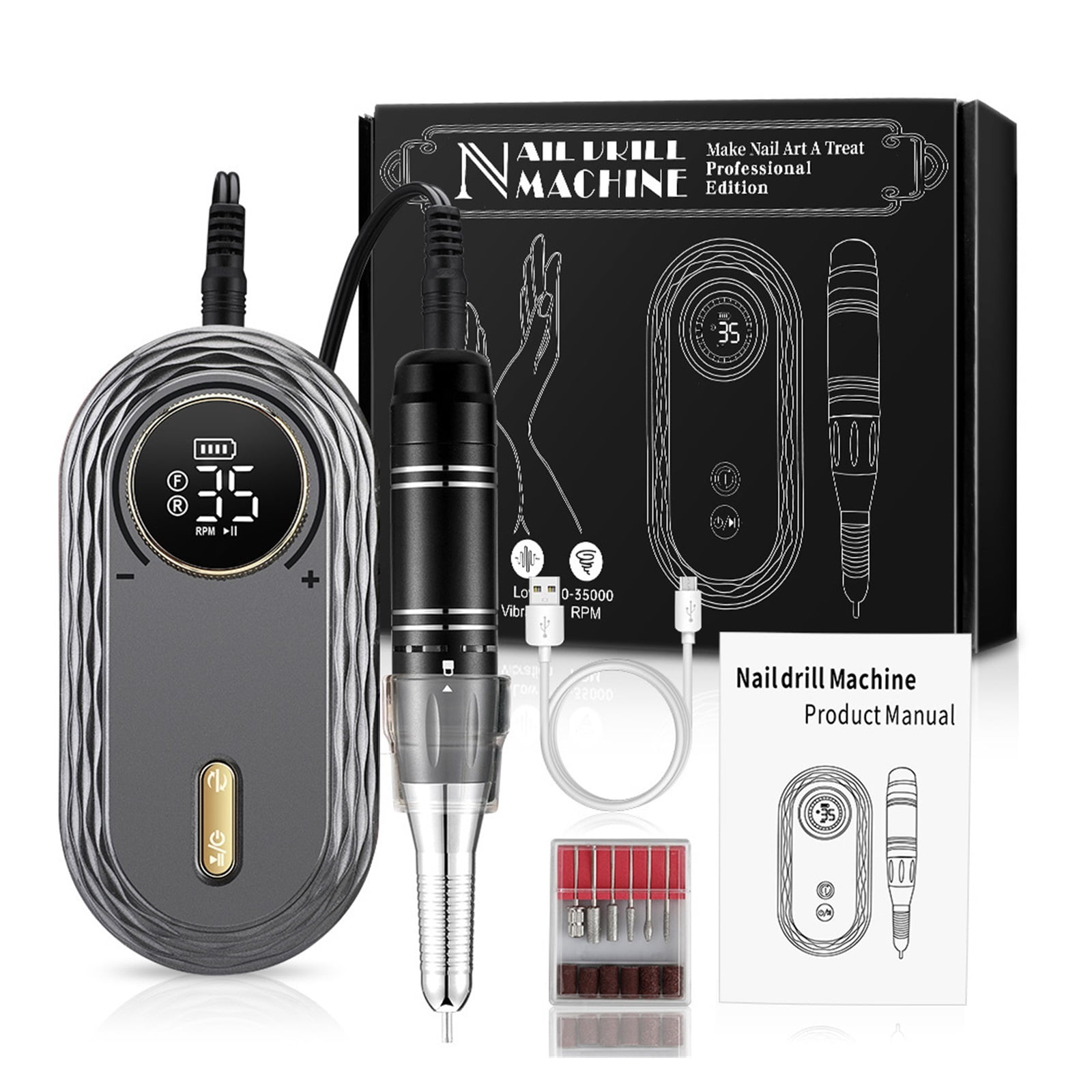 35000RPM Nail Drill Manicure Set, Electric Nail Drill Machine, Rechargeable Salon Gel Nail Polish Sander, Professional Tool ,Low Noise