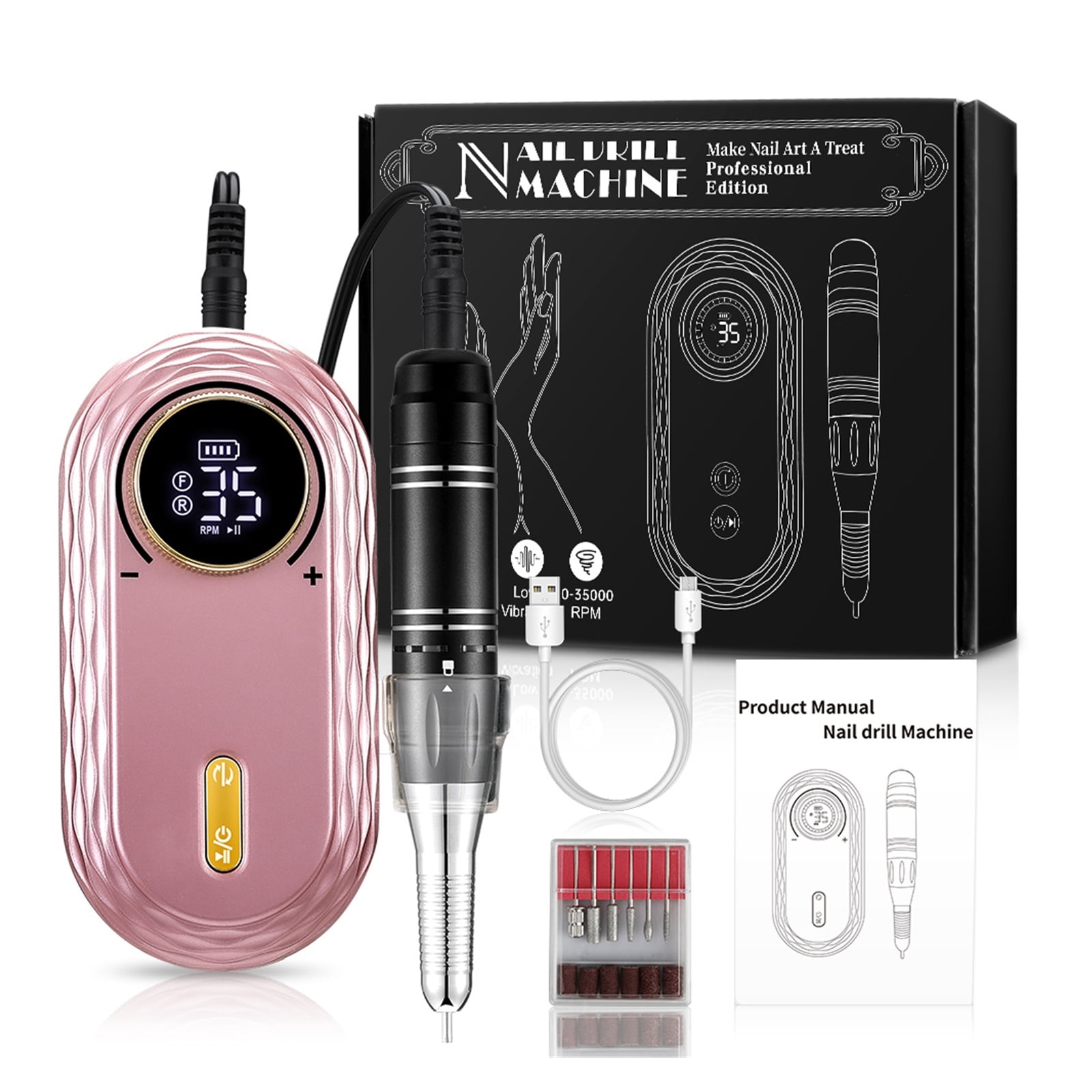 35000RPM Nail Drill Manicure Set, Electric Nail Drill Machine, Rechargeable Salon Gel Nail Polish Sander, Professional Tool ,Low Noise