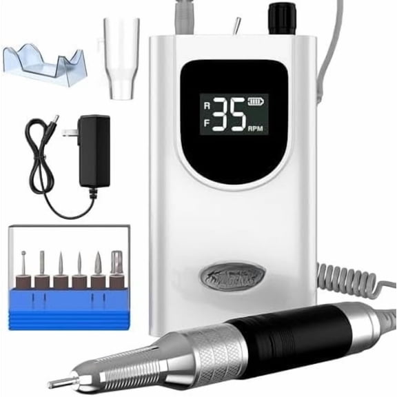 35000RPM Professional  Drill Machine,    Drill for  Nails  Portable with 6 Bits, Sanding Bands, Cordless Efile for Gels Manicure Salon-White