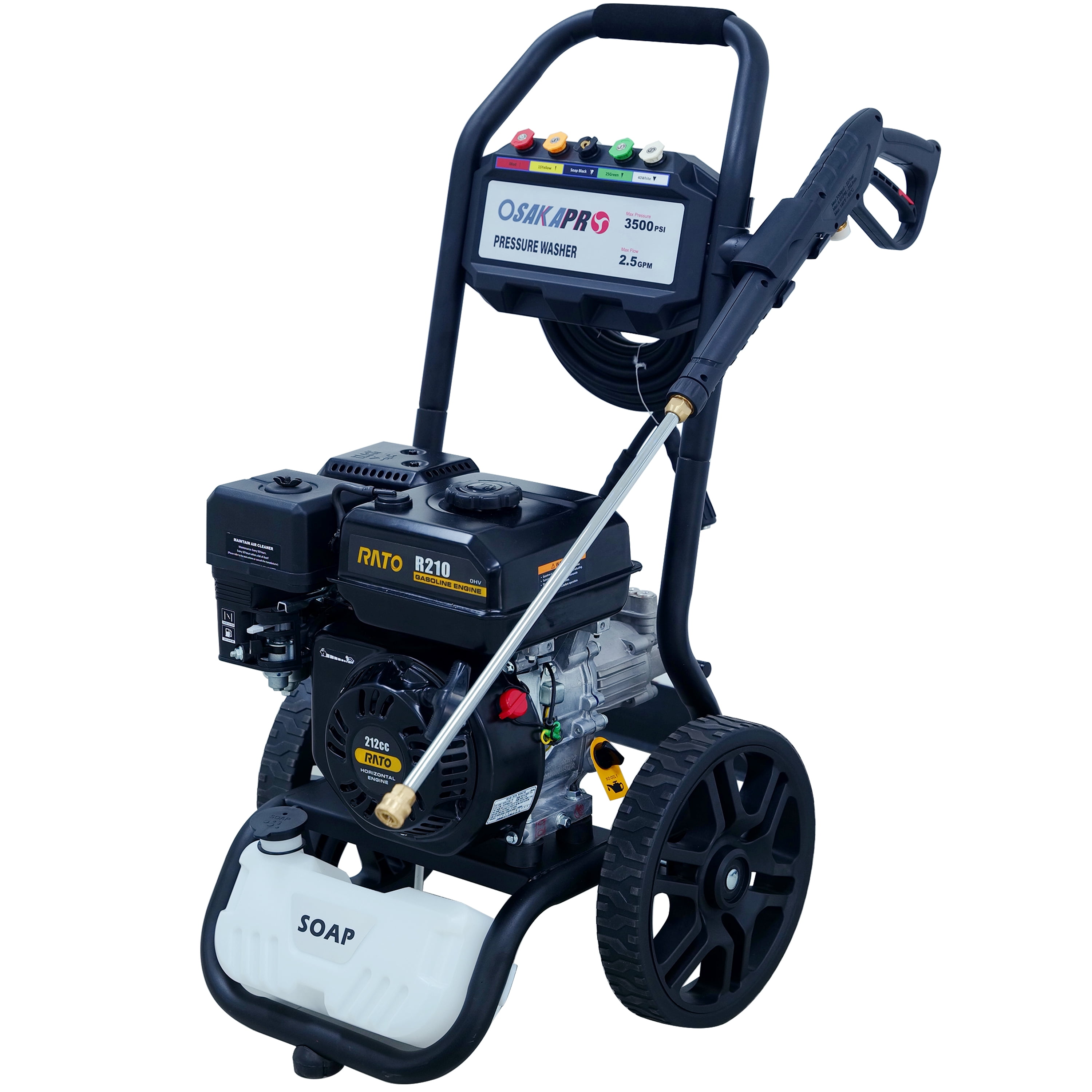 3500PSI Gas Pressure Washer, 2.5GPM Gas Powered High Pressure Washer with 212CC RATO Engine, 5PCS Adjustable Nozzles, Onboard Soap Tank, Spray Gun and Wand, Black