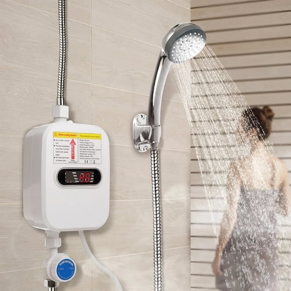 Electric Tankless Water Heater Shower Head Set, Instant Hot Water Heater With LCD Display, Bath Instant Hot Faucet Kitchen Bathroom Heating Thermostat,White,3500W ,110V