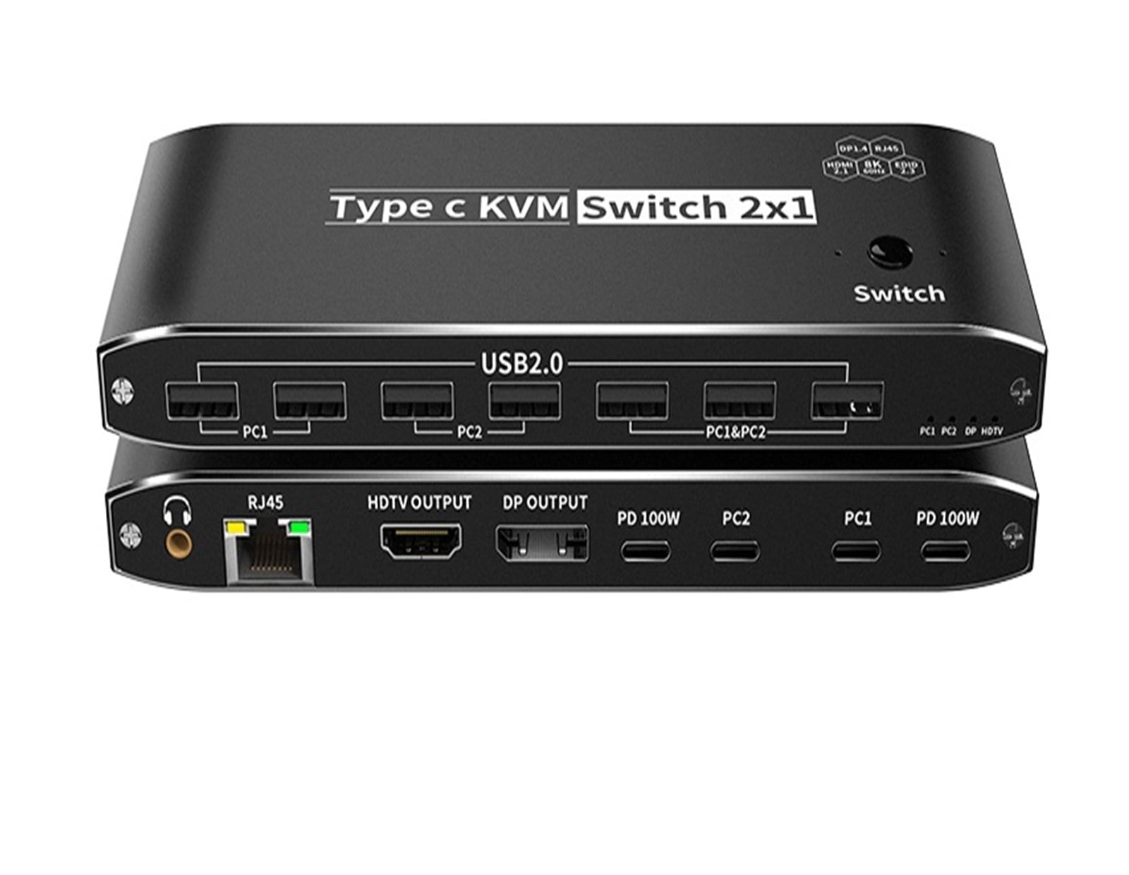 3500W 8K USB C To HMI DP KVM Switch 4K120Hz Video Switcher With RJ45 Network Port PD 100W Charge For 2 PC To 1 TV Monitor ,Effortless Switching