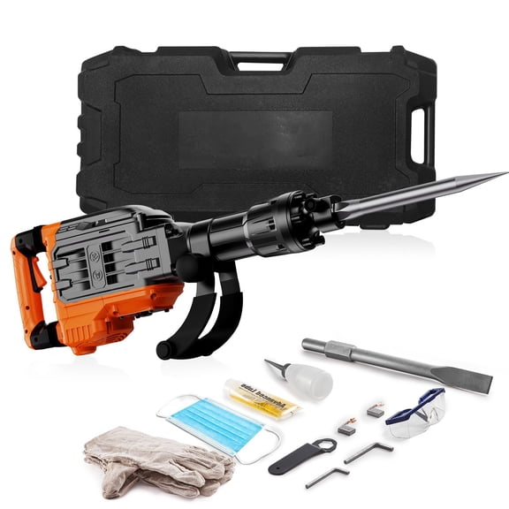 3500W Electric Demolition Jack Hammer Concrete Breaker with 2 Chisels, Gloves, and 360° Swiveling Front Handle for Trenching, Heavy Duty 1900 BPM Industrial Power Tool for Construction