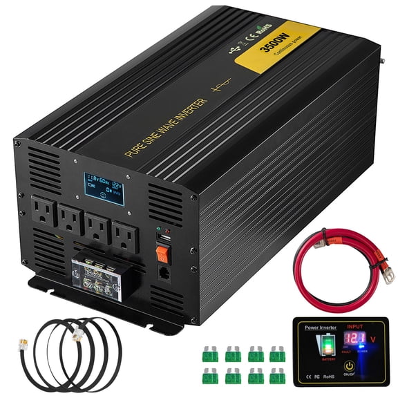 3500W Pure Sine Wave Car Inverter, DC 12V to AC 120V Power Converter with GFCI AC Outlets, USB, LCD Display & Remote Control