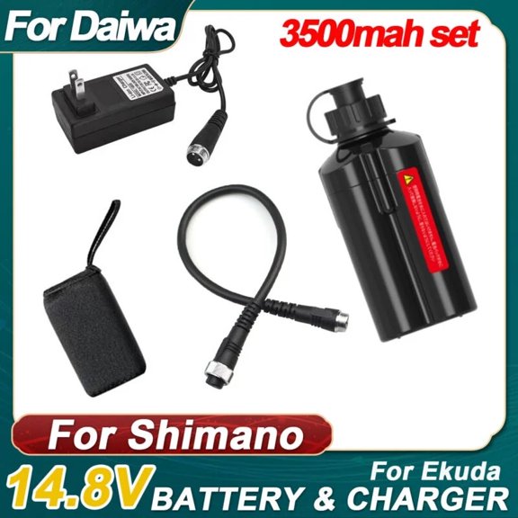 3500mAh Replace Electric Fishing Reel Battery+Charger+0.45M Power cord 2Pin for Daiwa Tanacom 750 / 1000, Leobritz 500j, Shimano Beastmaster 9000, PLEMIO/ForceMaster 3000 (with bag)