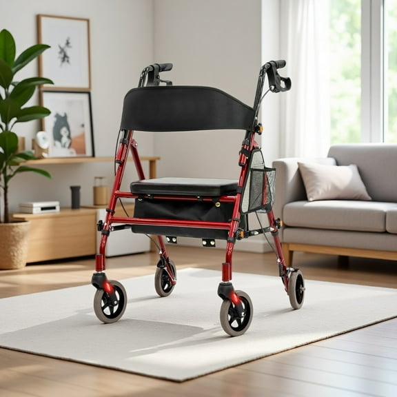 350LB Foldable Rollator Walker - 5-Position Adjustable, Ergonomic Handle & Dual Storage for Seniors 5'-6'