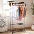 thumbnail image 1 of 350LBS Double Rail Clothes Rack Heavy Duty 2 Tier Shelves Garment Rack 360° Rotate Large Rolling Clothing Rack With Wheel Brakes Thick Storage Shelf for Home Hanging, 1 of 10