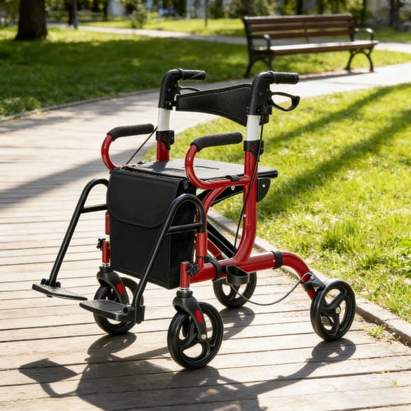 350LBS Foldable Rolling Walker with 9" All-Terrain Tires, 7-Level Height Adjustable, Wide Seat & Shopping Bag for Seniors, Red