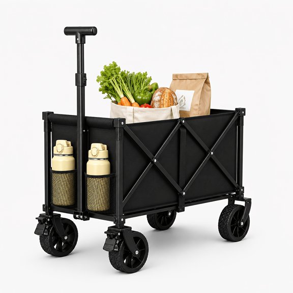 350LBS Heavy Duty Folding Utility Wagon Cart, Large Capacity Collapsible Shopping Cart With All-Terrain Wheels, Adjustable Handle & Dual Cup Holders For Farmers Market, Camping, Gardening And Outdoor