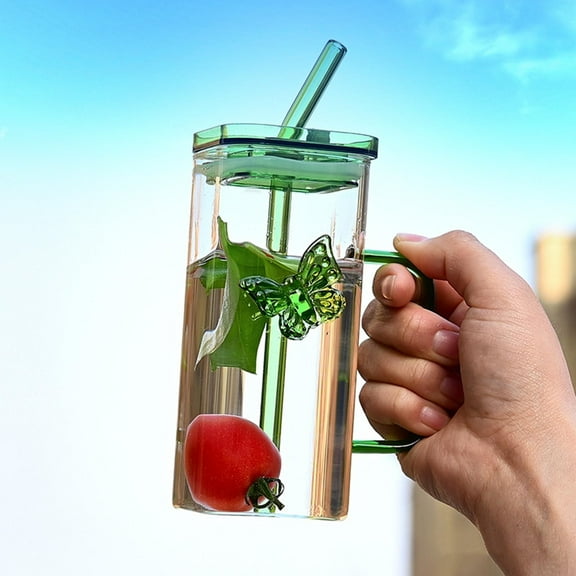 350ML Heat-Resistant Glass Cup with Lid & Straw, Multifunctional Cold Drink/Juice/Milk/Coffee Cup for Daily Use