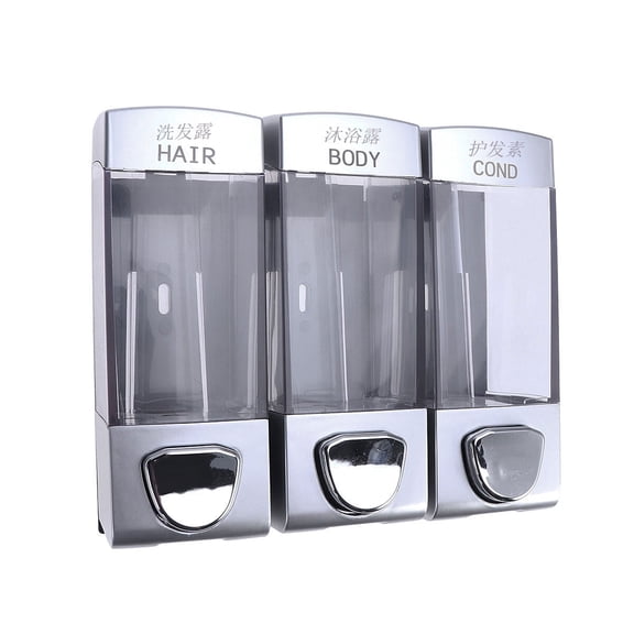 350ML Per Chamber No Drill Wall Mounted 3 Chamber Soap Dispenser, 3 in 1 Shampoo Conditioner Shower Gel Clear ABS Bathroom Liquid Container with Pre-Printed Chinese & English Waterproof Icons