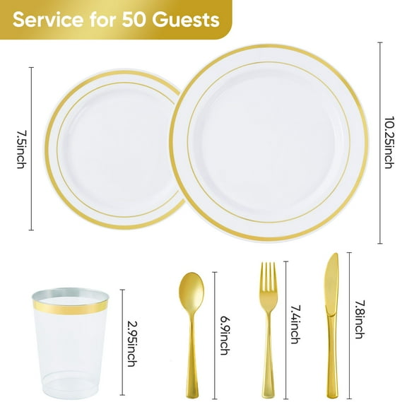 350PC Elegant Gold Silver Accent Dinnerware Set Service for 50 People, Premium Disposable Tableware for Party Wedding Birthday