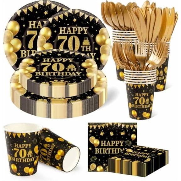350PCS 70th Birthday Party Decorations for 50 Guests Black and Gold Party Supplies Include Disposable Paper Plates, Napkins, Cups, and Tableware$$Home Decor, Kitchen, & Other