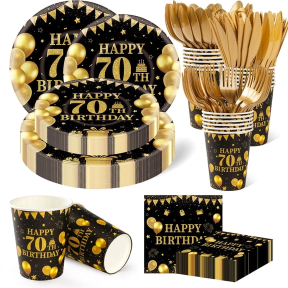 350PCS 70th Birthday Party Decorations for 50 Guests Black and Gold Party Supplies Include Disposable Paper Plates, Napkins, Cups, and Tableware Y101
