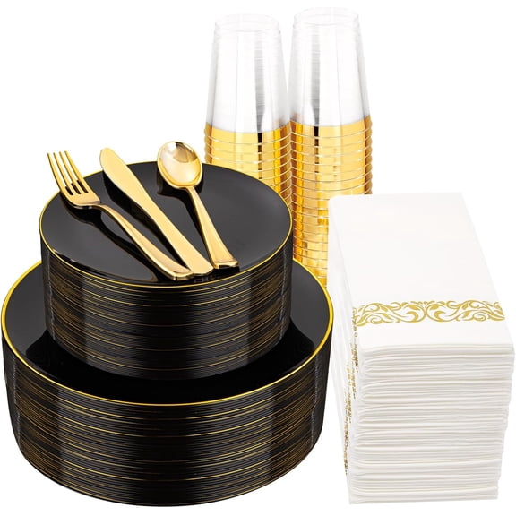 350PCS Black and Gold Disposable Dinnerware Set for 50 Guests - Elegant Plastic Plates with Gold Rim, Silverware, Cups & Napkins for Parties & Weddings