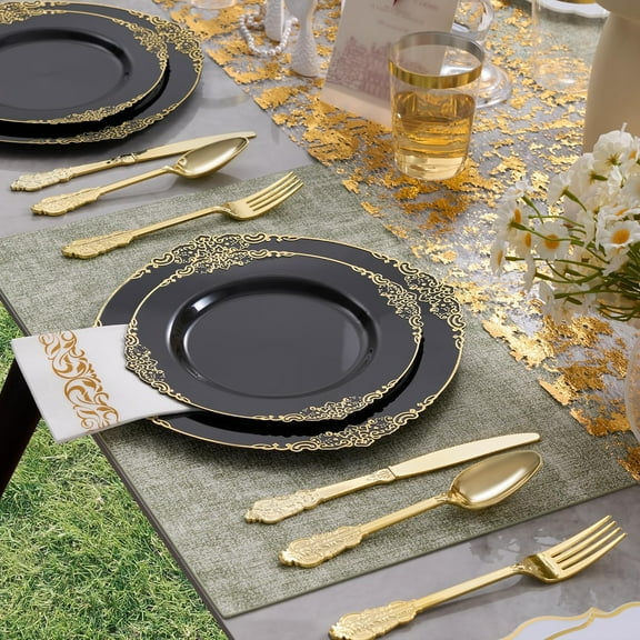 350PCS Black Plastic Plates, Black Disposable Dinnerware Set for 50 Guests