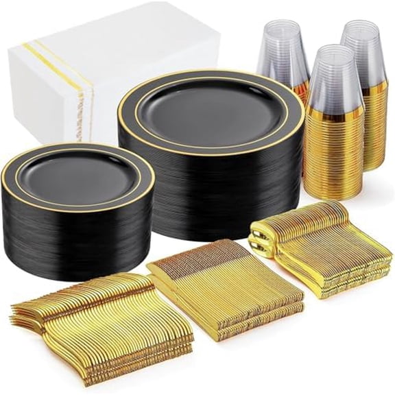 350PCS Black Plastic Plates - Black and Gold Disposable Dinnerware Set Include 100 Plates, 150 Gold Silverware, 50 Napkins, 50 Cups for Party & Wedding & Birthday