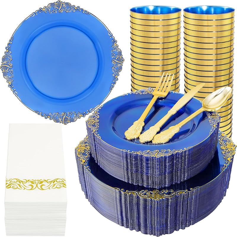 350PCS Blue Plastic Plates - Blue Plastic Dinnerware Sets for 50 Guests ...