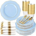 thumbnail image 1 of Liacere 350PCS Bule Plastic Plates - Disposable Bule and Gold Plates 50guest Baroque Plastic Dinnerware include 100Plates, 50Pack Pre Rolled Napkins with Silverware 50Cups for Wedding&Mother's Day, 1 of 15