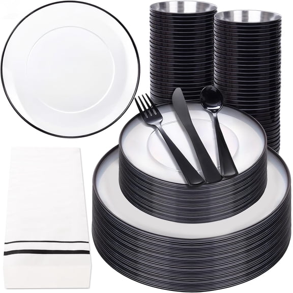350PCS Clear and Black Plastic Plates - Disposable Dinnerware Set for 50 Guests Include 100 Dinner/Dessert Plates,150 Black Cutlery,50 Cups&50 Napkins Ideal for Party/Birthday/New Year