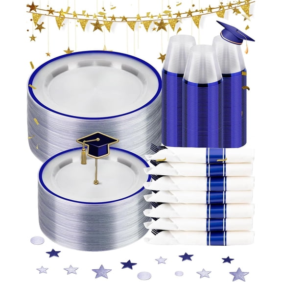 350PCS Clear and Blue Disposable Plates Set for 50 Guests, 100 Plastic Plates, 50 Cups, 50 Pre-Rolled Napkins with Plastic Cutlery for Graduation Party, Birthday, Thanksgiving, Christmas