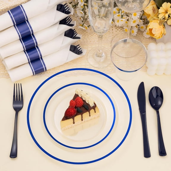 350PCS Clear and Blue Disposable Plates Set for 50 Guests, 100 Plastic Plates, 50 Cups, 50 Pre-Rolled Napkins with Plastic Cutlery for Party, Birthday, Thanksgiving, Christmas, Halloween
